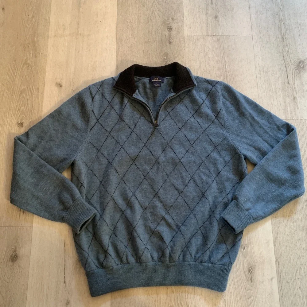 Brooks Brothers 346 Mens Large Merino Wool Argyle Quarter Zip Sweater Blue Brown